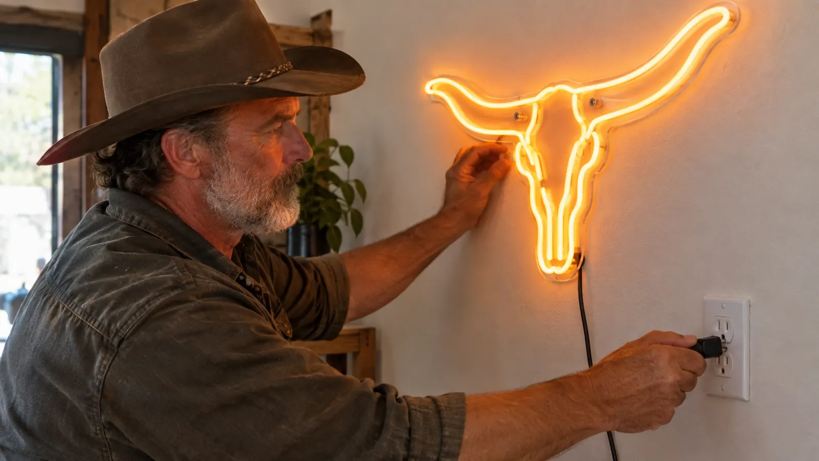 Close-up of a hand plugging in a custom neon sign mounted on a wall