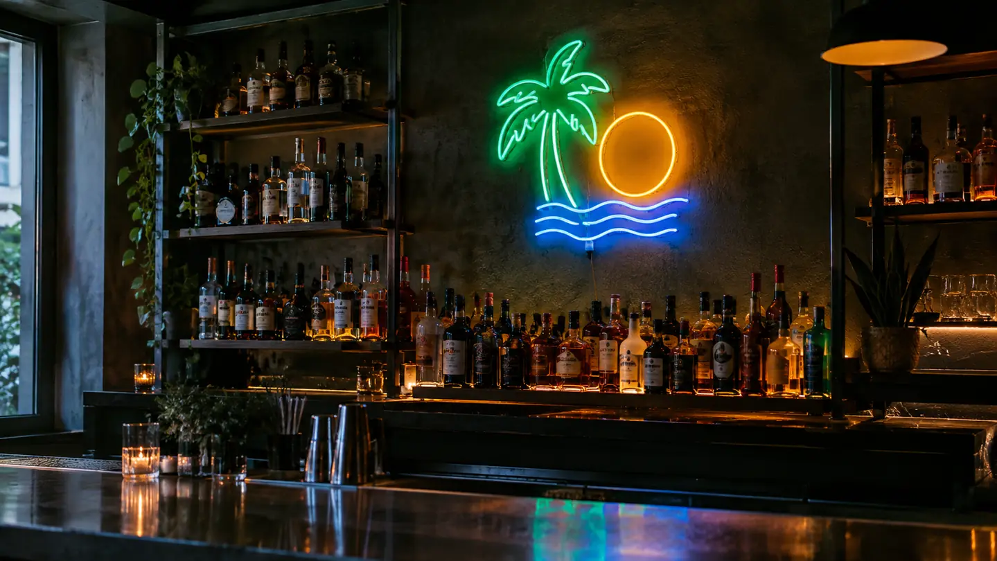A custom neon sign glowing above a home bar counter with bottles on shelves