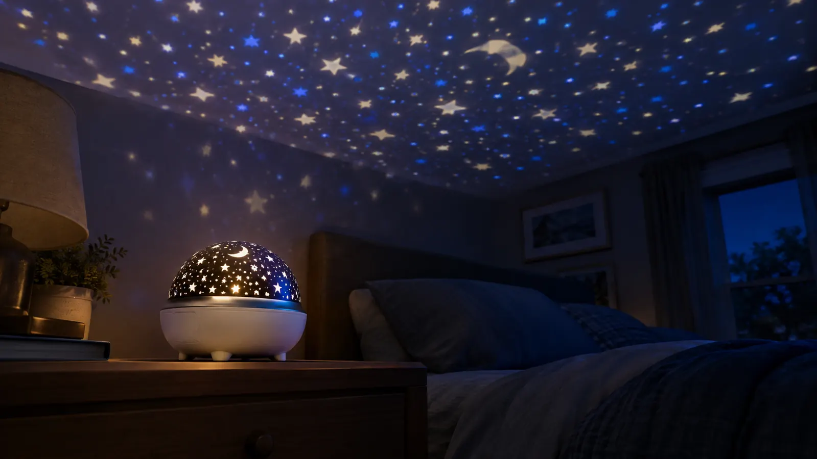 A small star projector sitting on a wooden nightstand, casting a pattern of stars onto the ceiling