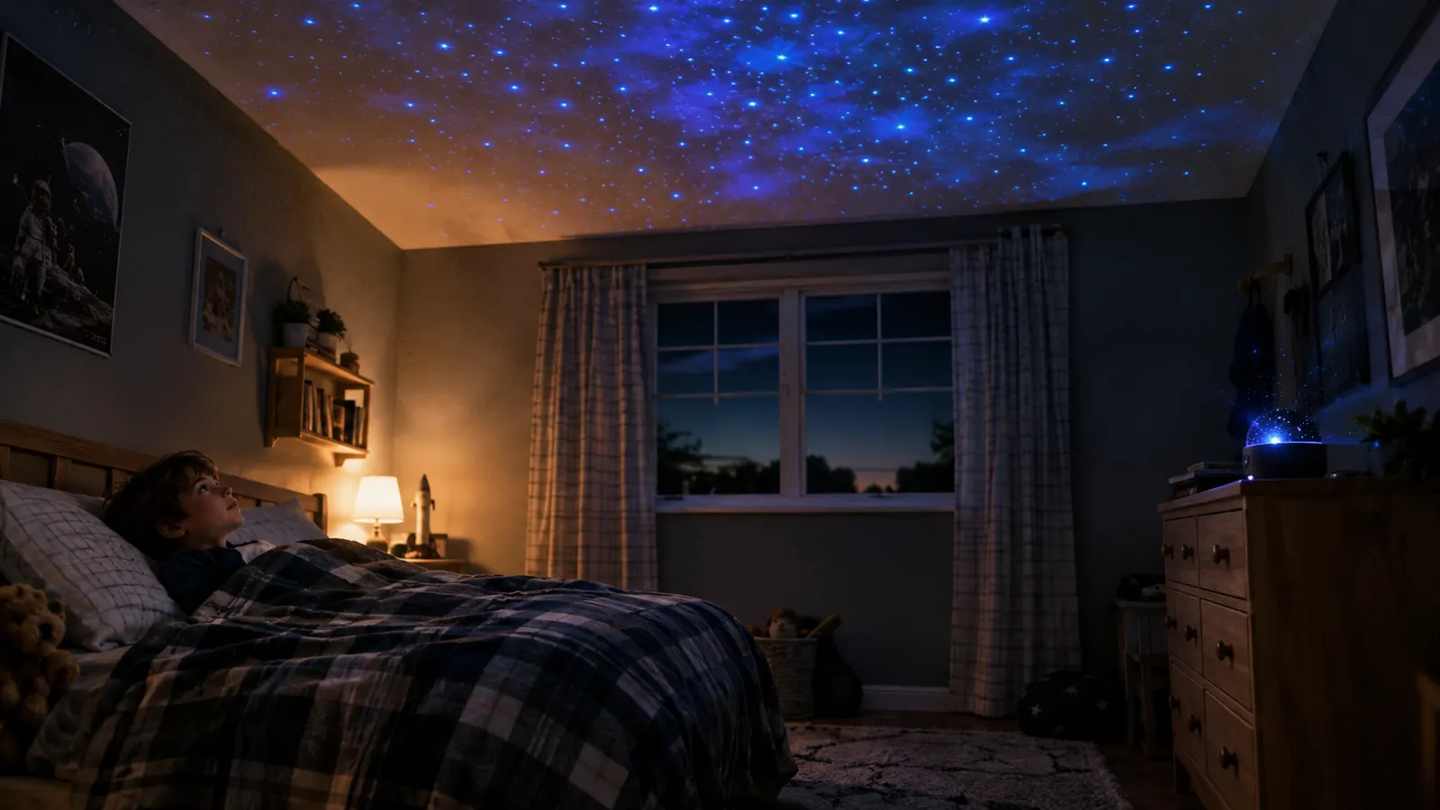 A child's bedroom with a starry ceiling from a projector, a small bed with a blanket
