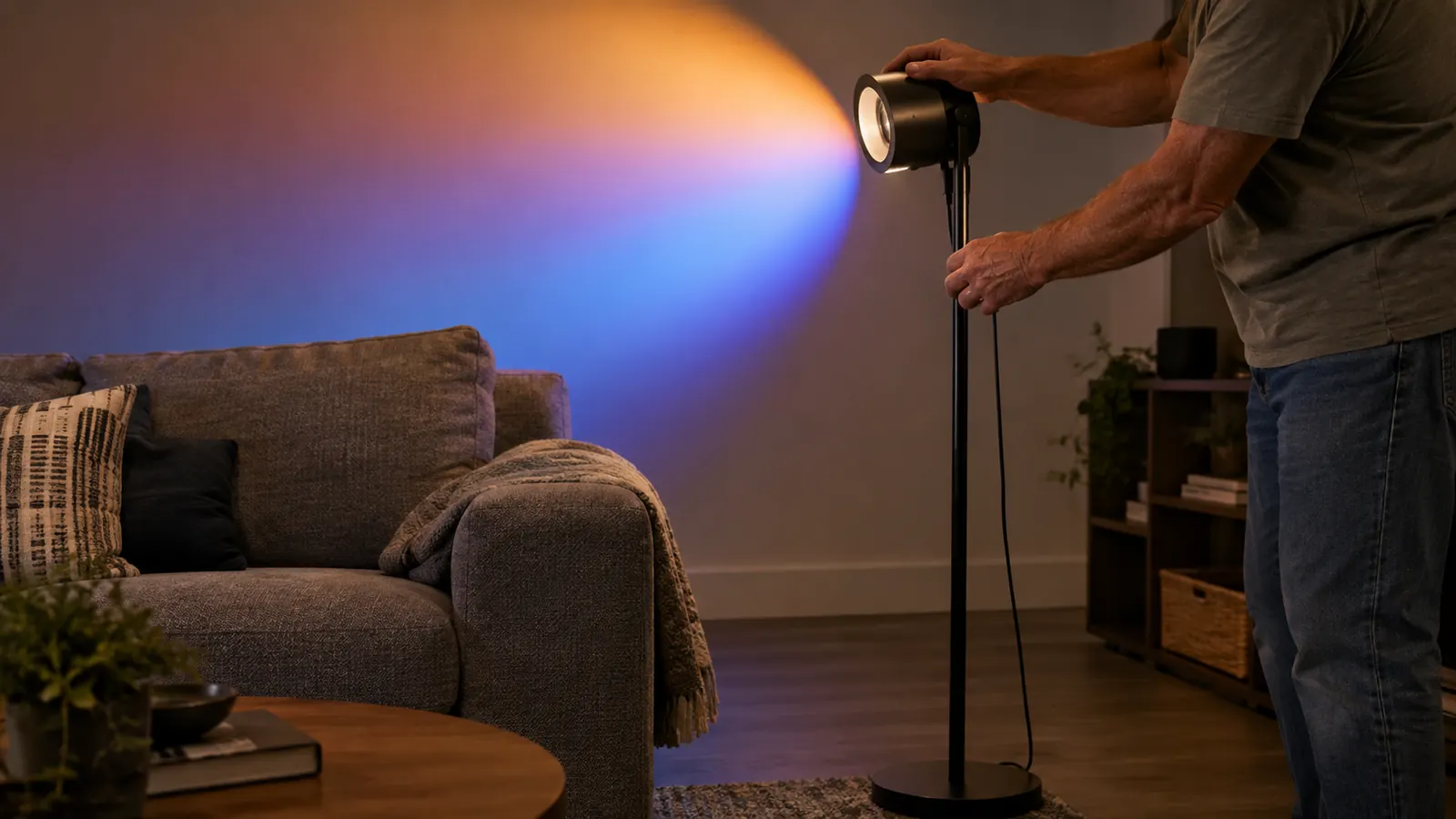 A hand adjusting the head of a floor-standing projection lamp in a finished basement