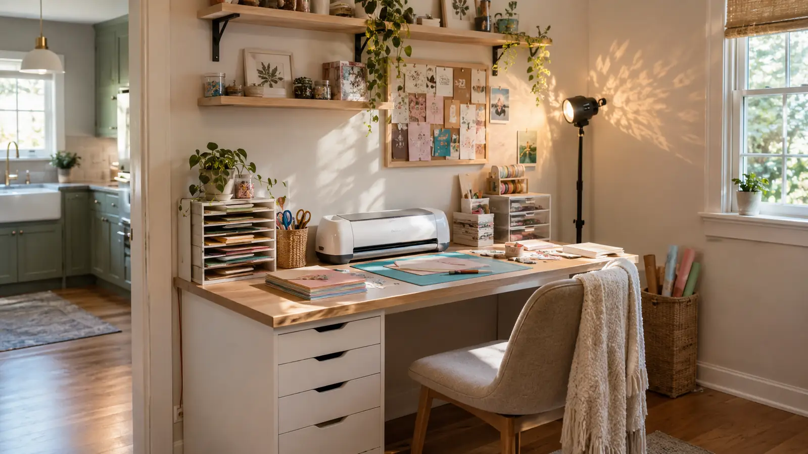 A small craft room with a die-cutting machine on a desk and a floor-standing projection lamp in the corner casting light on the wall