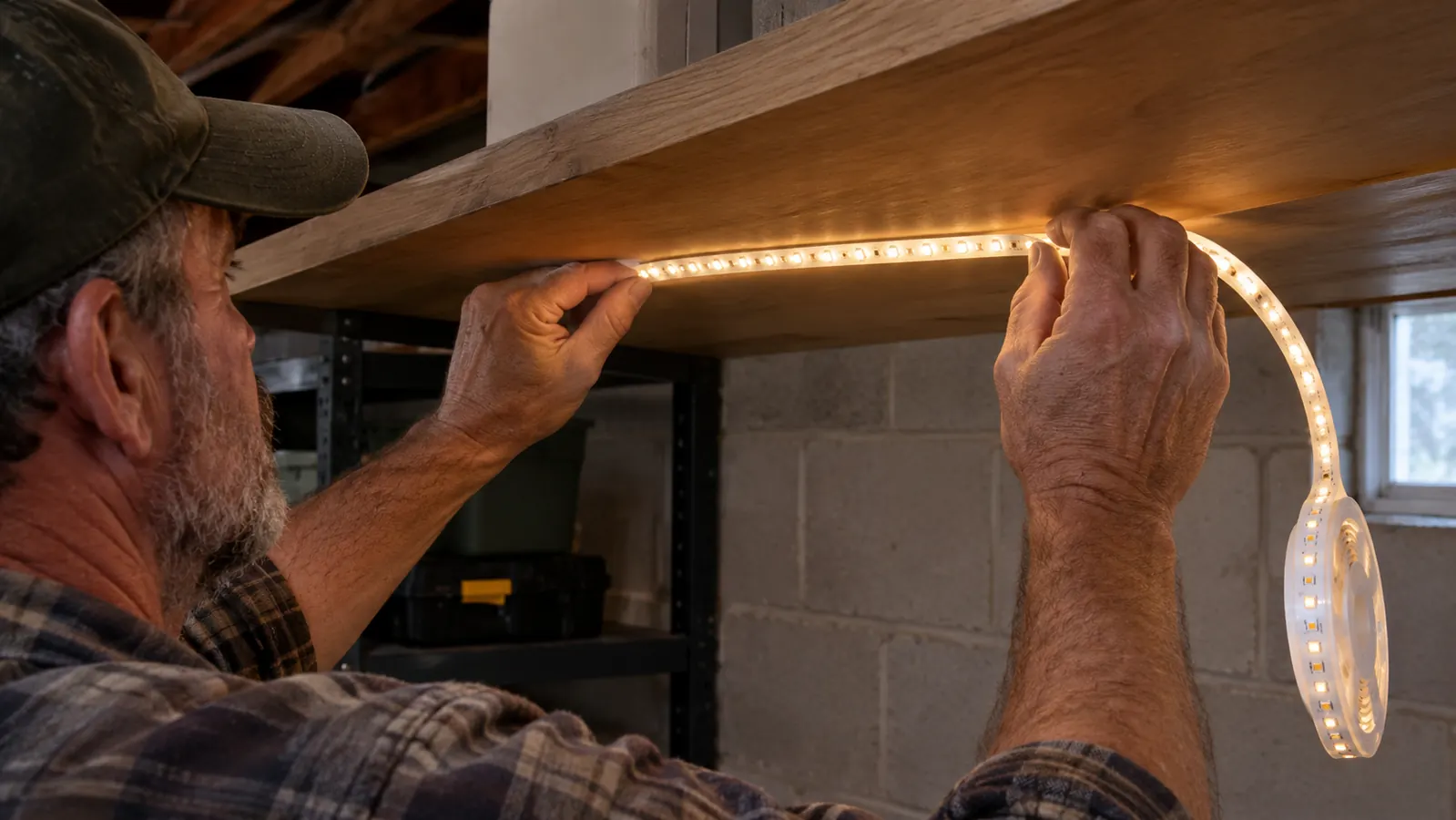 A hand pressing an LED strip light onto the underside of a wooden shelf