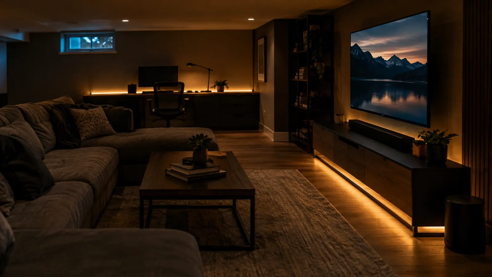 Warm LED strip lighting under a television console and along a desk in a darkened room