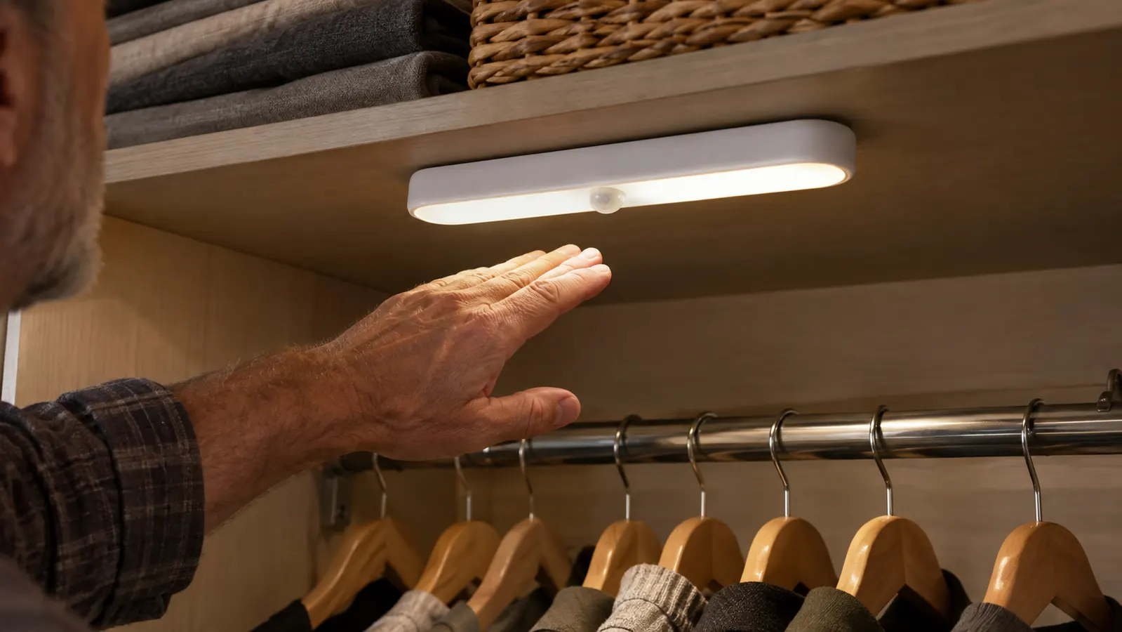 The motion sensor light mounted on a closet shelf, a hand moving past it
