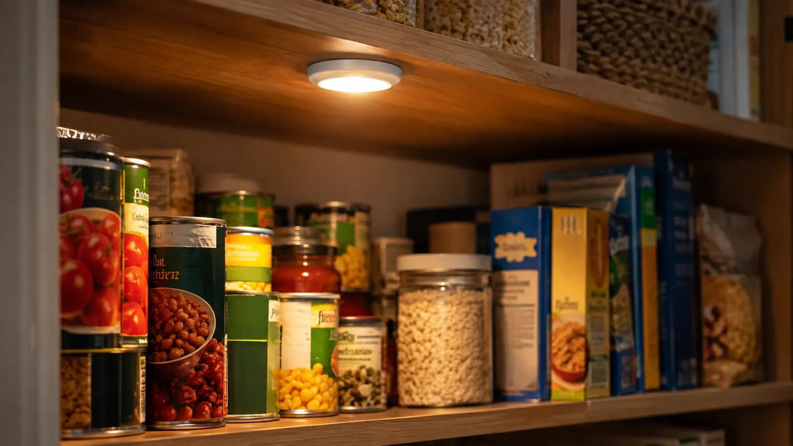A pantry shelf where a small motion sensor light has turned on, illuminating canned goods