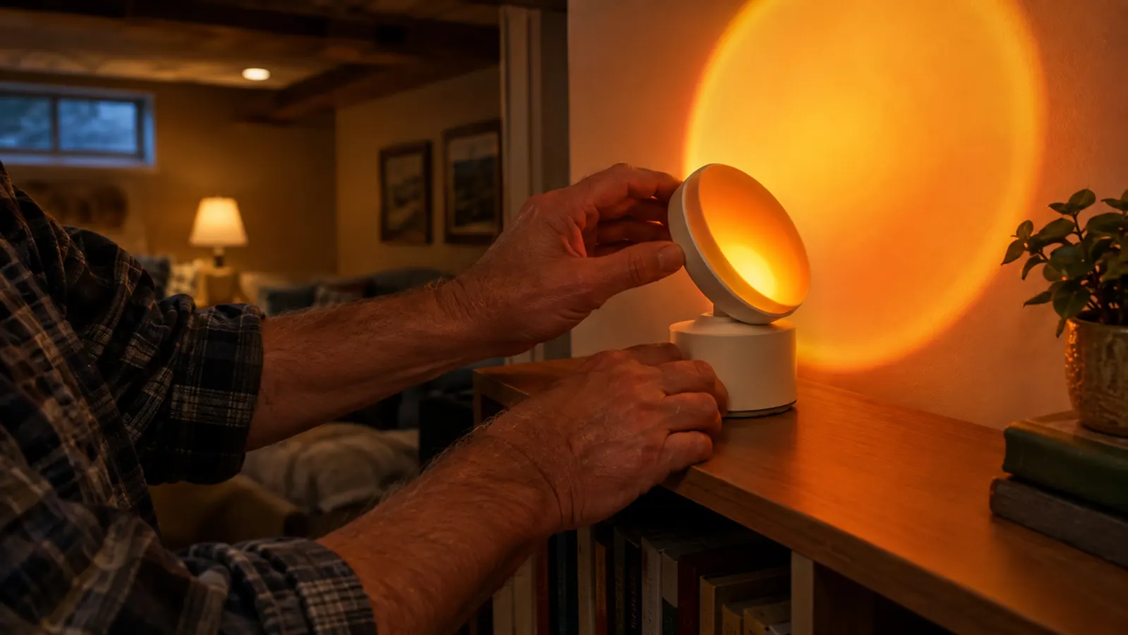A hand adjusting a small round projection lamp on a bookcase in a finished basement, warm light on the wall