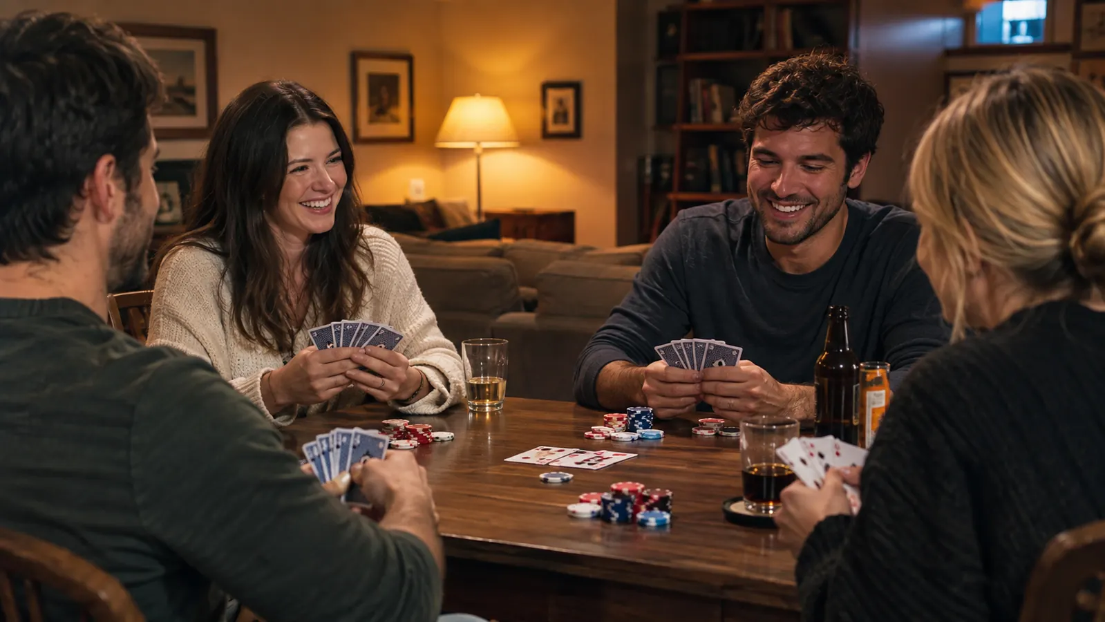 A group of adults playing cards at a table in a warmly lit basement rec room