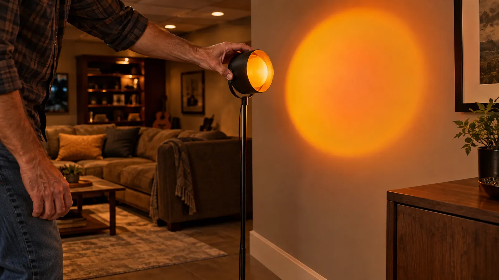 A small round sunset projection lamp on a slim metal floor stand in a finished basement, casting a warm glow on the wall