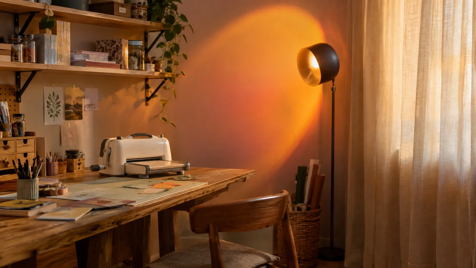 A sunset lamp glowing in a small craft room with a wooden table and shelves