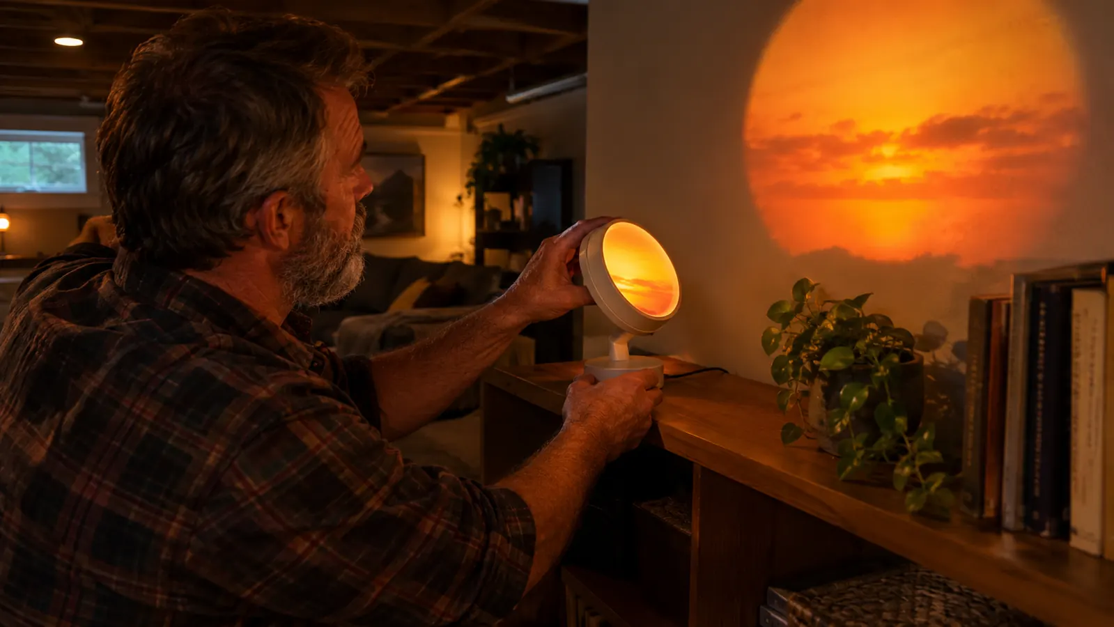 A person's hand adjusting a lamp on a shelf in a dim finished basement, warm glow on the wall behind it