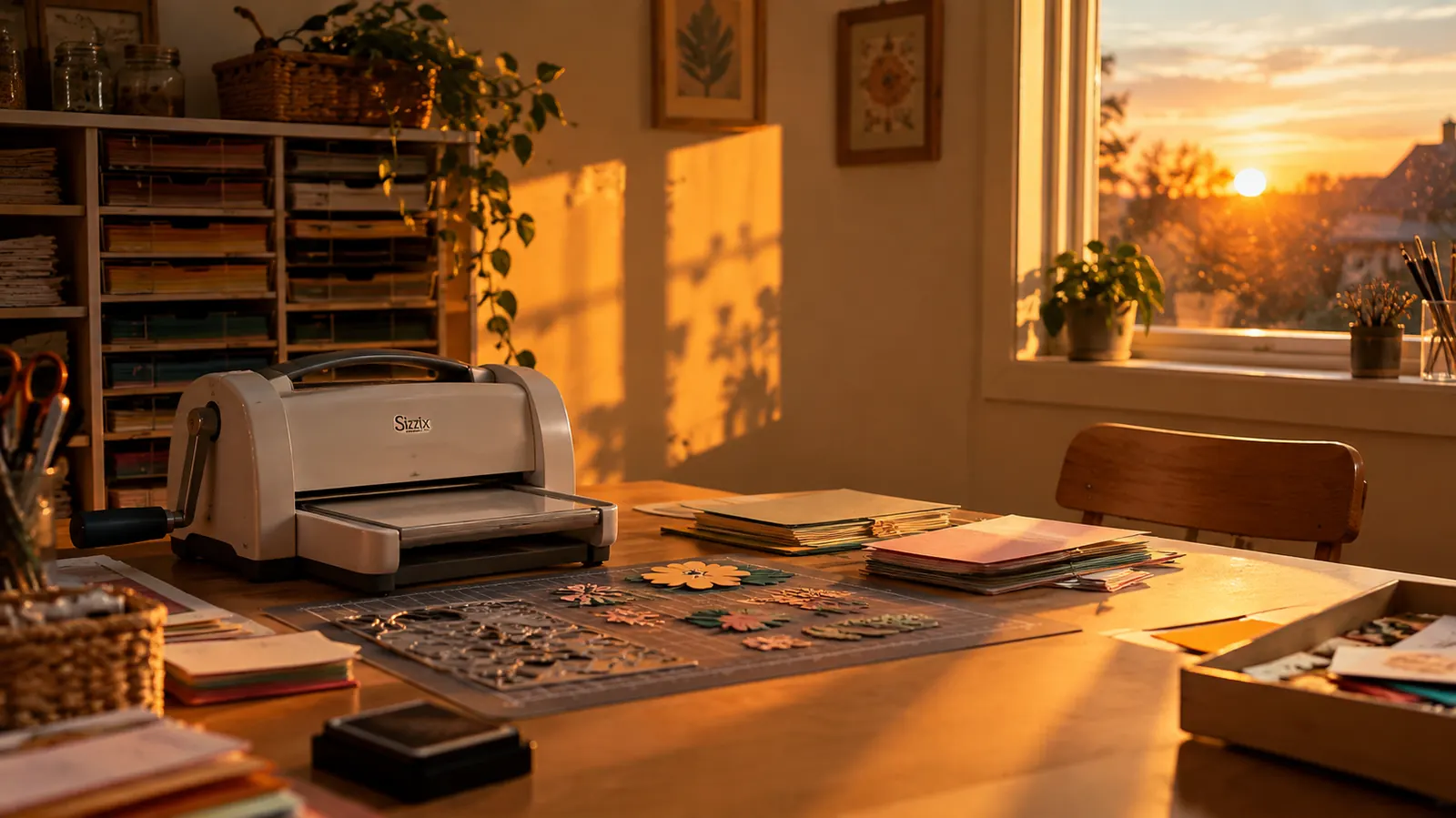 A warm sunset glow filling the corner of a small craft room, with a die-cutting machine on a table in soft light