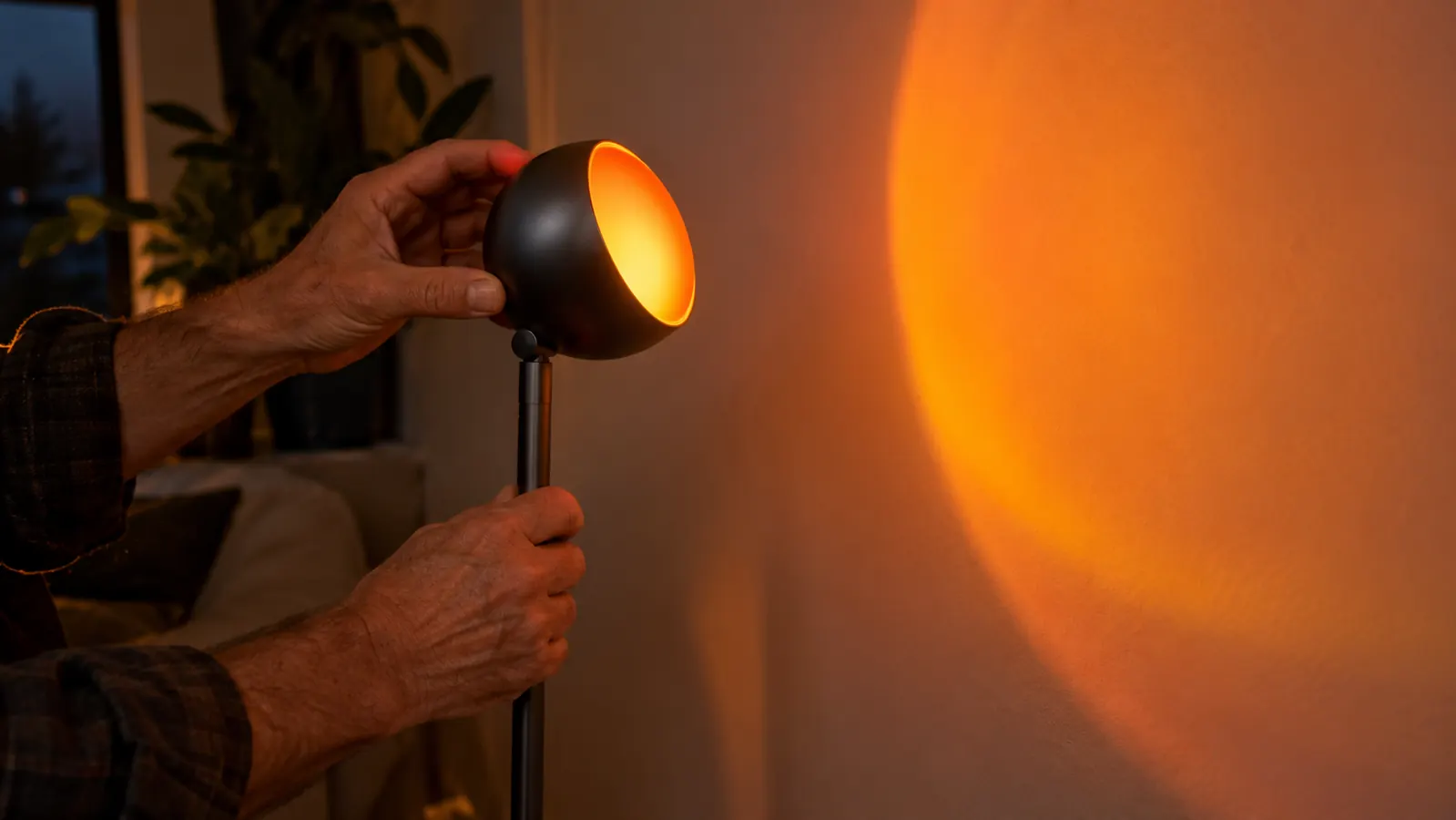 A hand adjusting the tilt of a small round sunset projection lamp mounted on a slim floor stand in a dim room