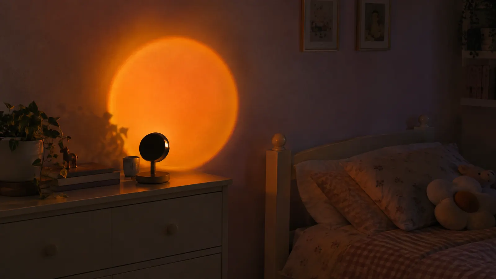 A child's bedroom dresser at night with a small sunset lamp on it projecting a soft orange circle onto a pale lavender wall.
