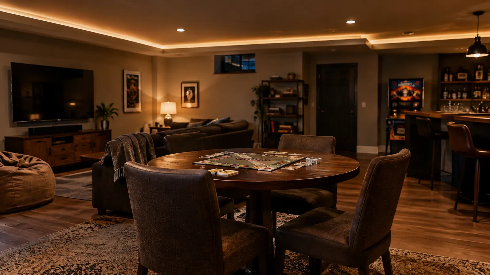 A basement game room at night with a soft glow running along the edge of the ceiling and a board game table in the middle