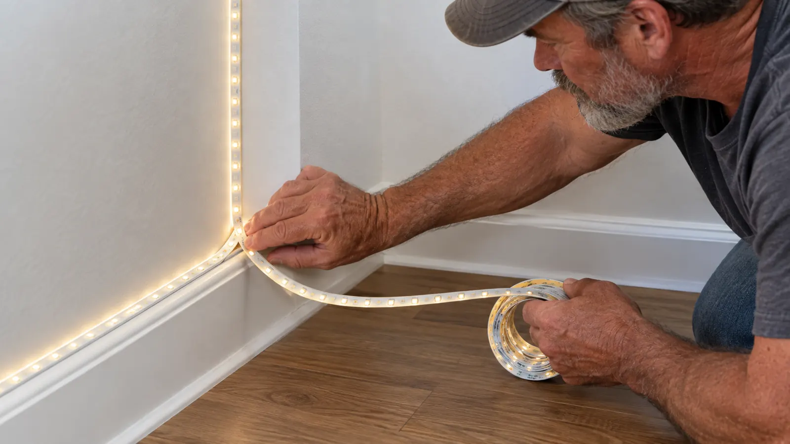 A hand pressing an LED strip onto a wall near a baseboard