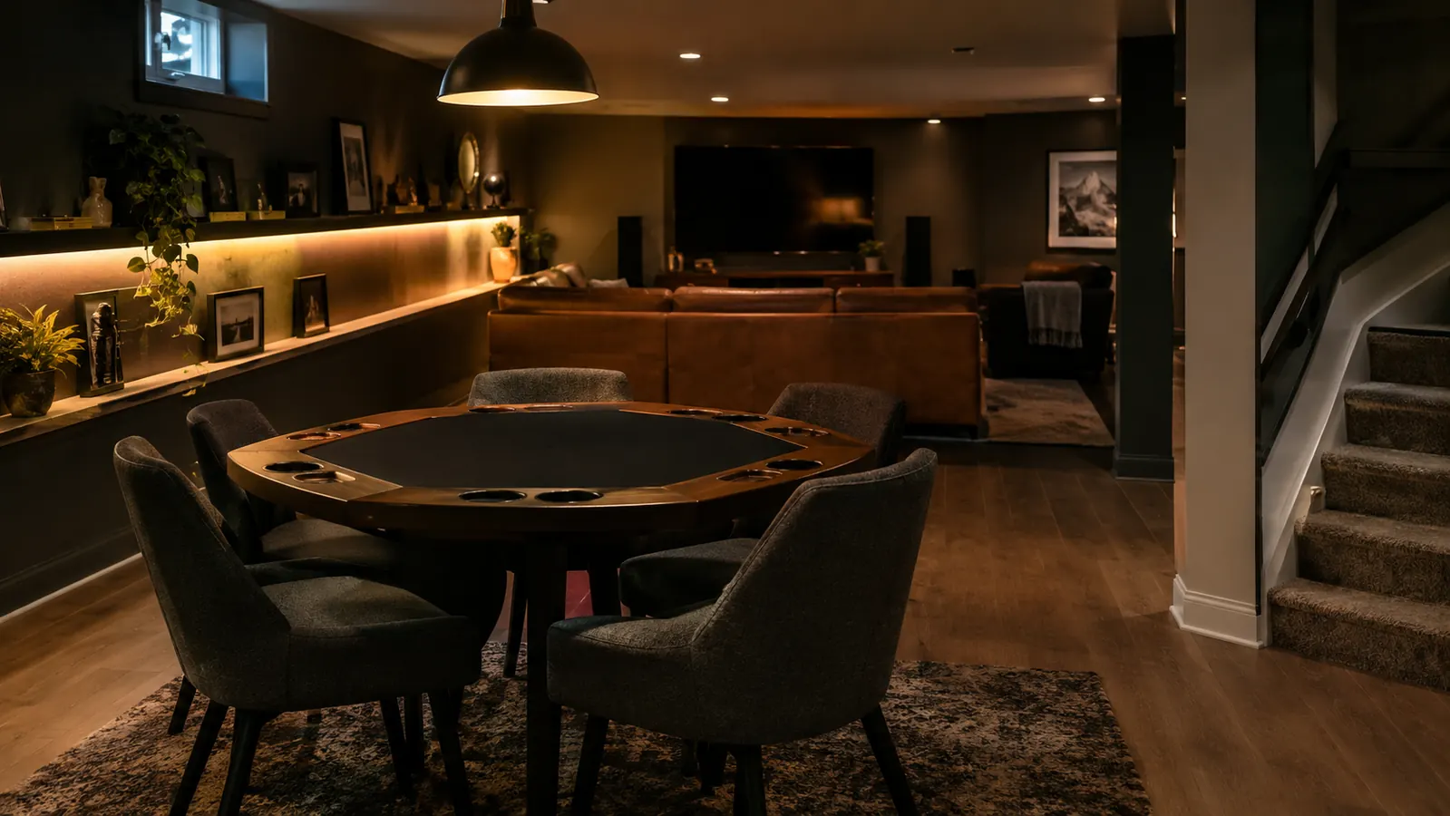 A dark game room lit by LED strip lights along a shelf, with a card table and chairs