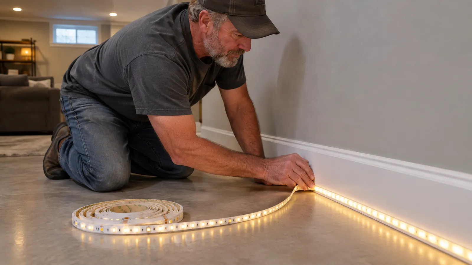 A hand pressing an adhesive LED strip onto a clean baseboard in a finished basement, roll of strip nearby
