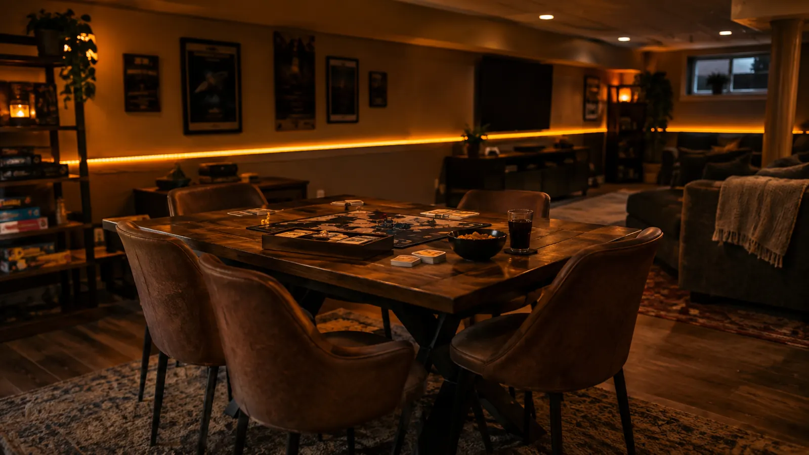 A dim finished basement game room lit by a warm LED strip along the wall, table and chairs in soft light