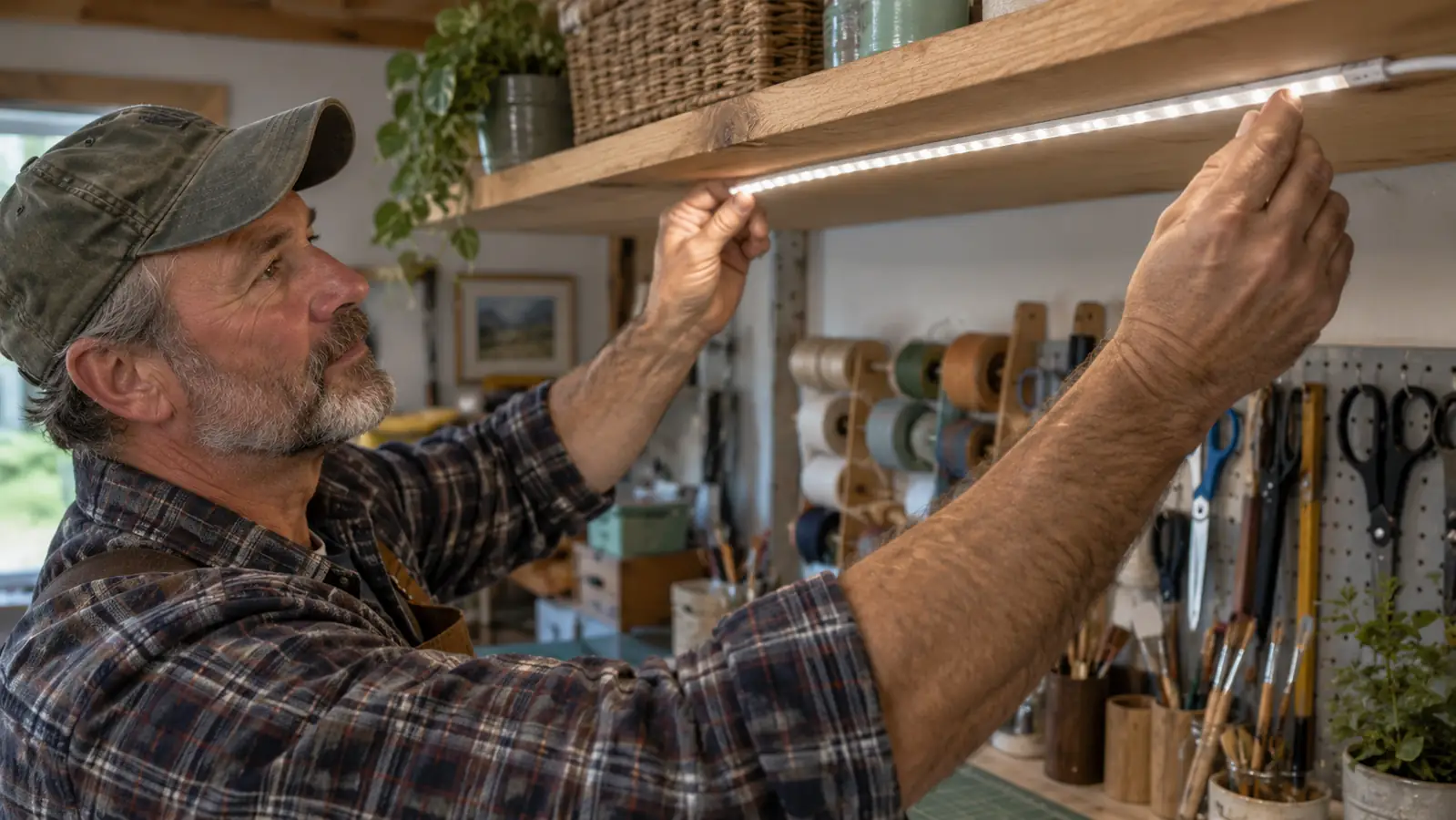 Close-up of a person's hand pressing a flexible LED strip onto the underside of a wood shelf