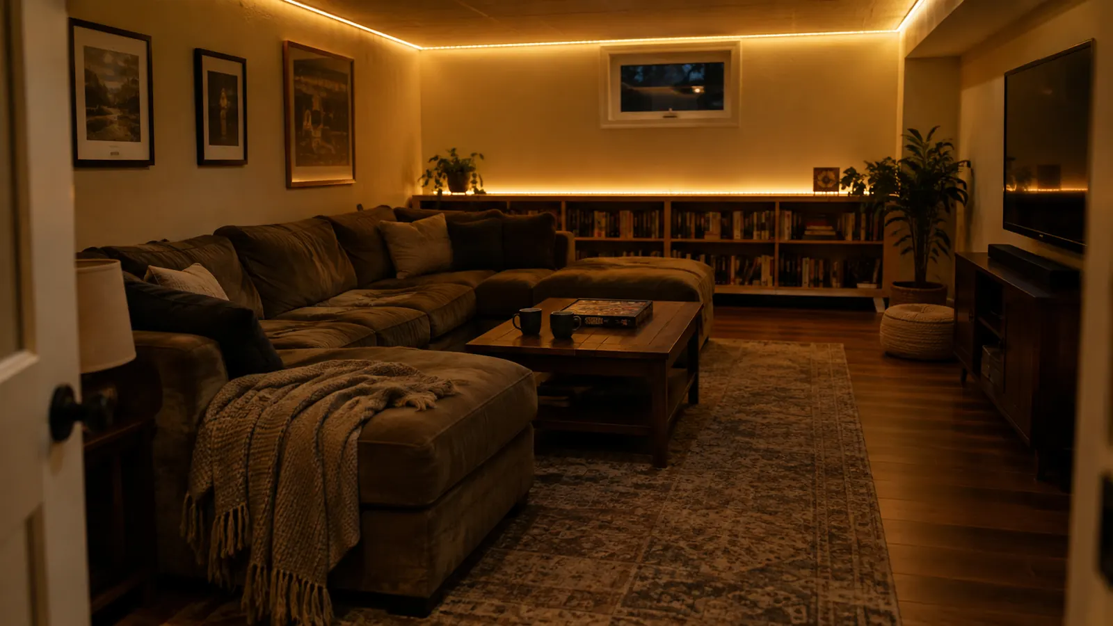 A finished basement rec room at night lit by warm LED strip lighting running along the ceiling edge