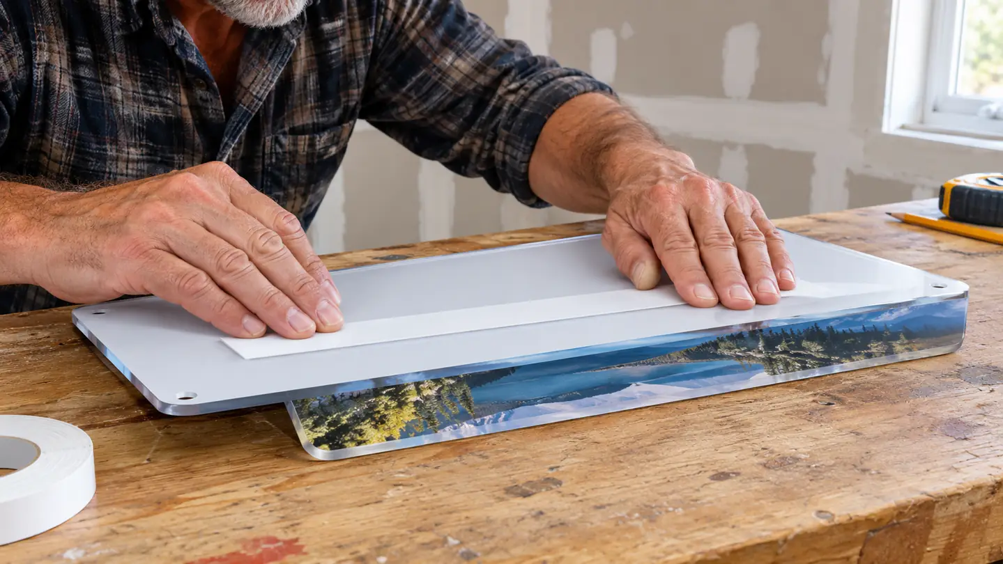 Hands pressing a mounting strip onto the acrylic backing of a neon sign lying on a workbench