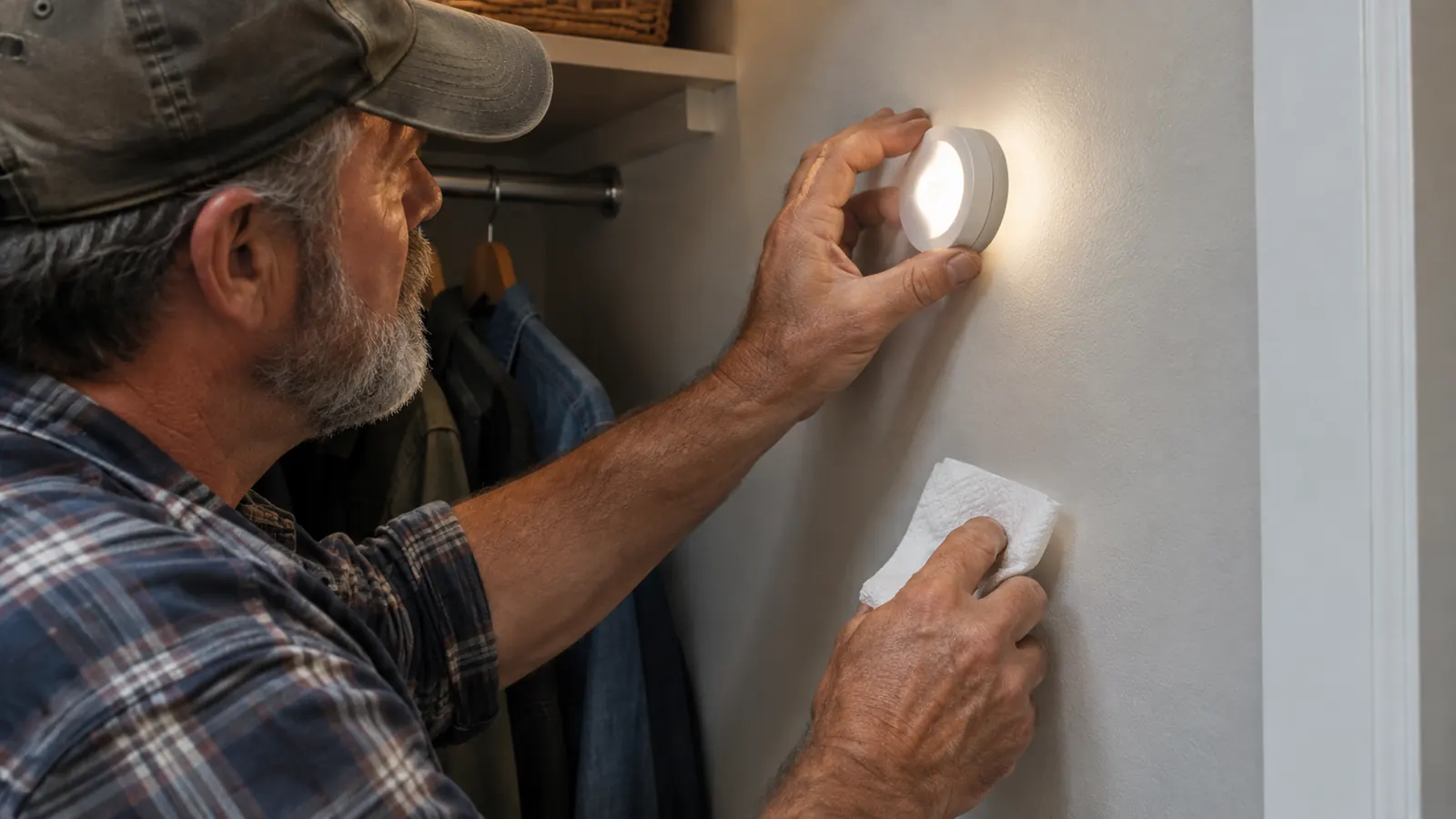 a hand pressing a small round motion sensor light onto a painted wall in a closet