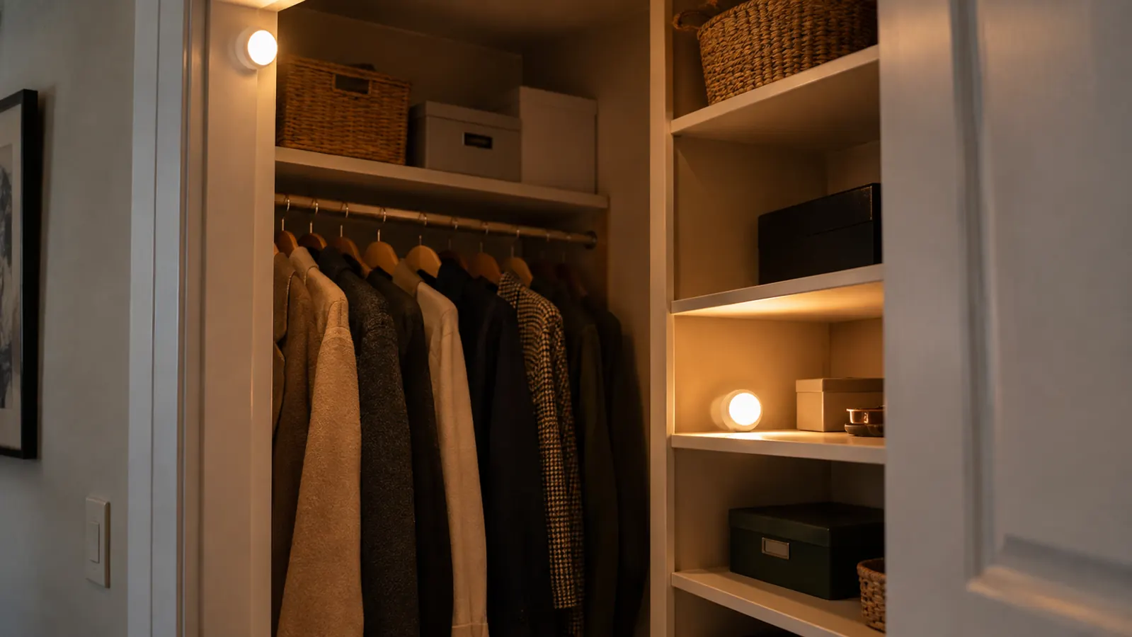 a closet interior with two small round lights glowing, one near the top and one on a shelf