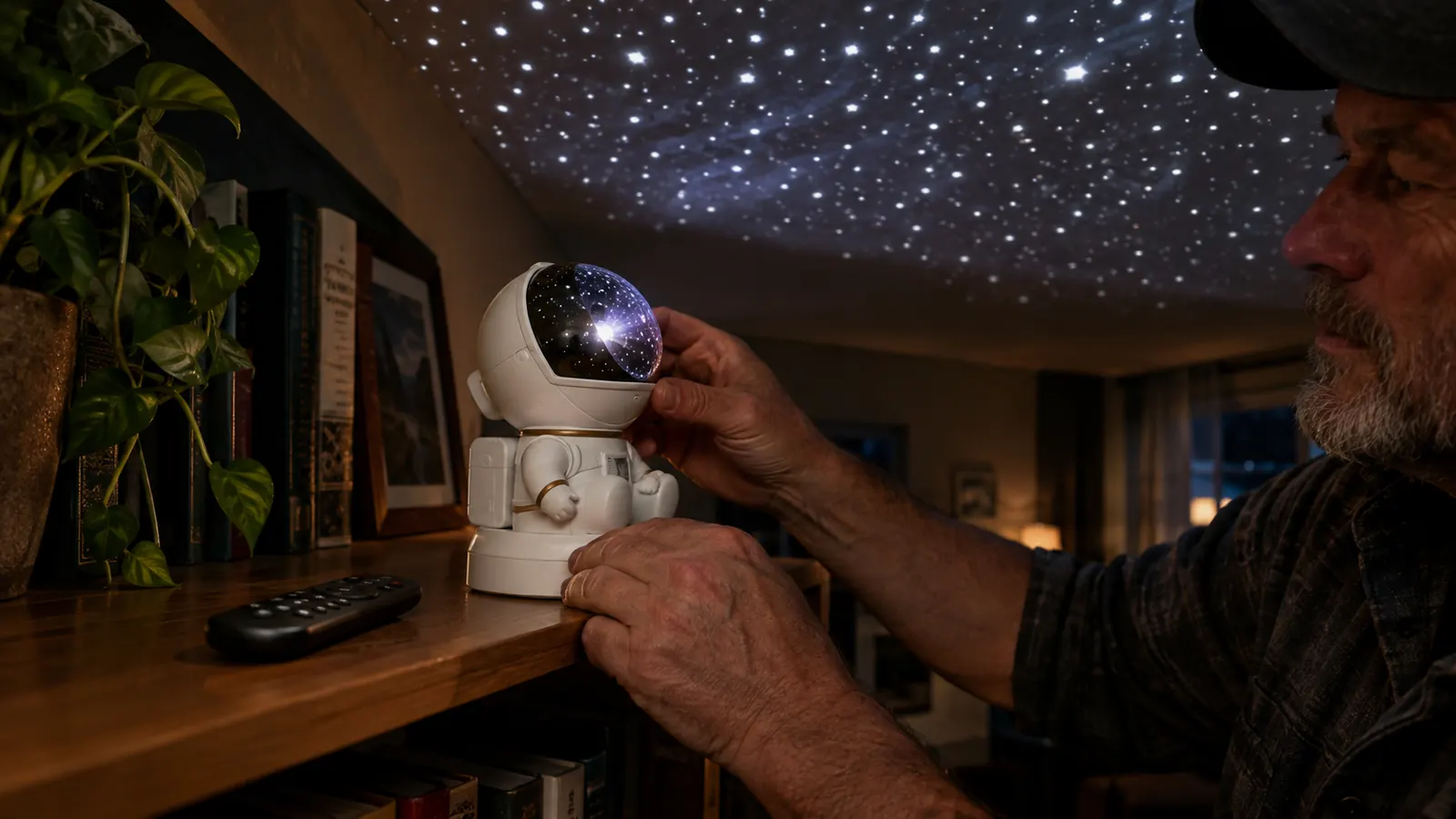 Person tilting an astronaut-shaped star projector on a shelf, with stars projected on the ceiling above