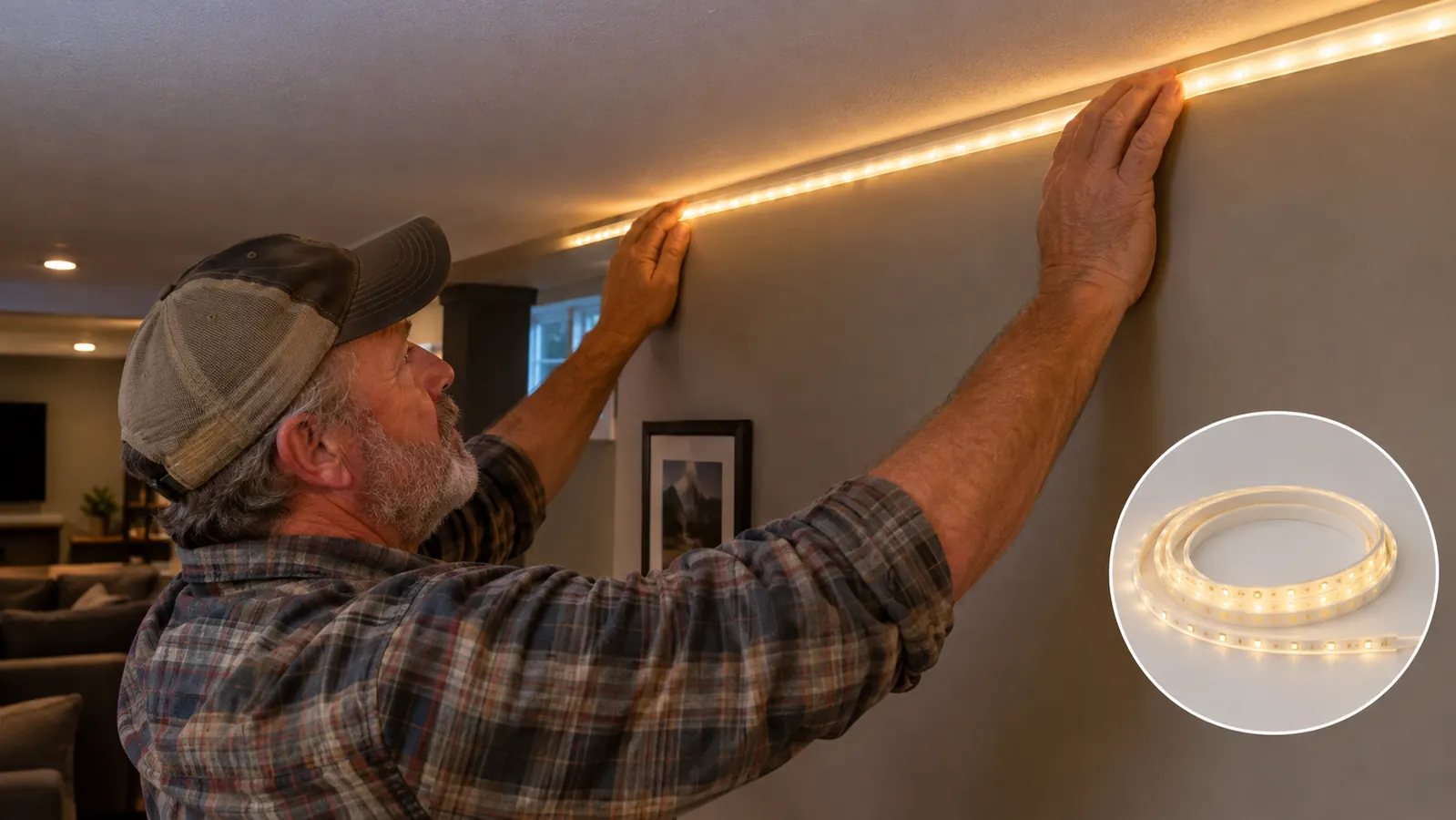 Hand pressing an LED strip light onto a wall near the ceiling in a basement
