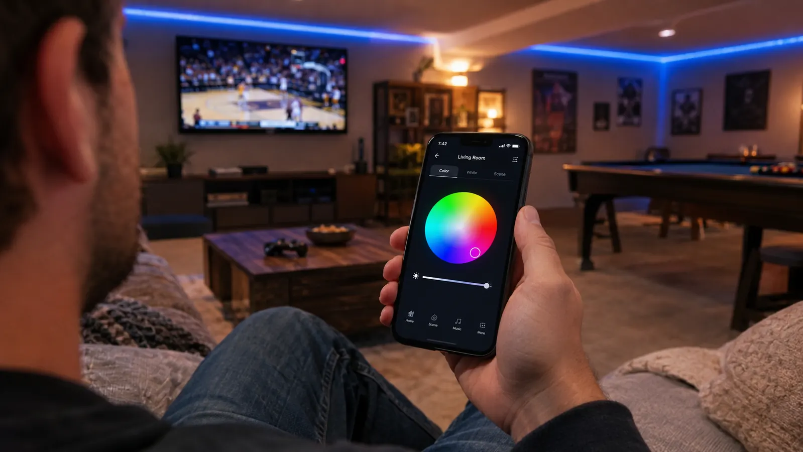Person holding a phone with a lighting app while an LED strip light glows along the wall