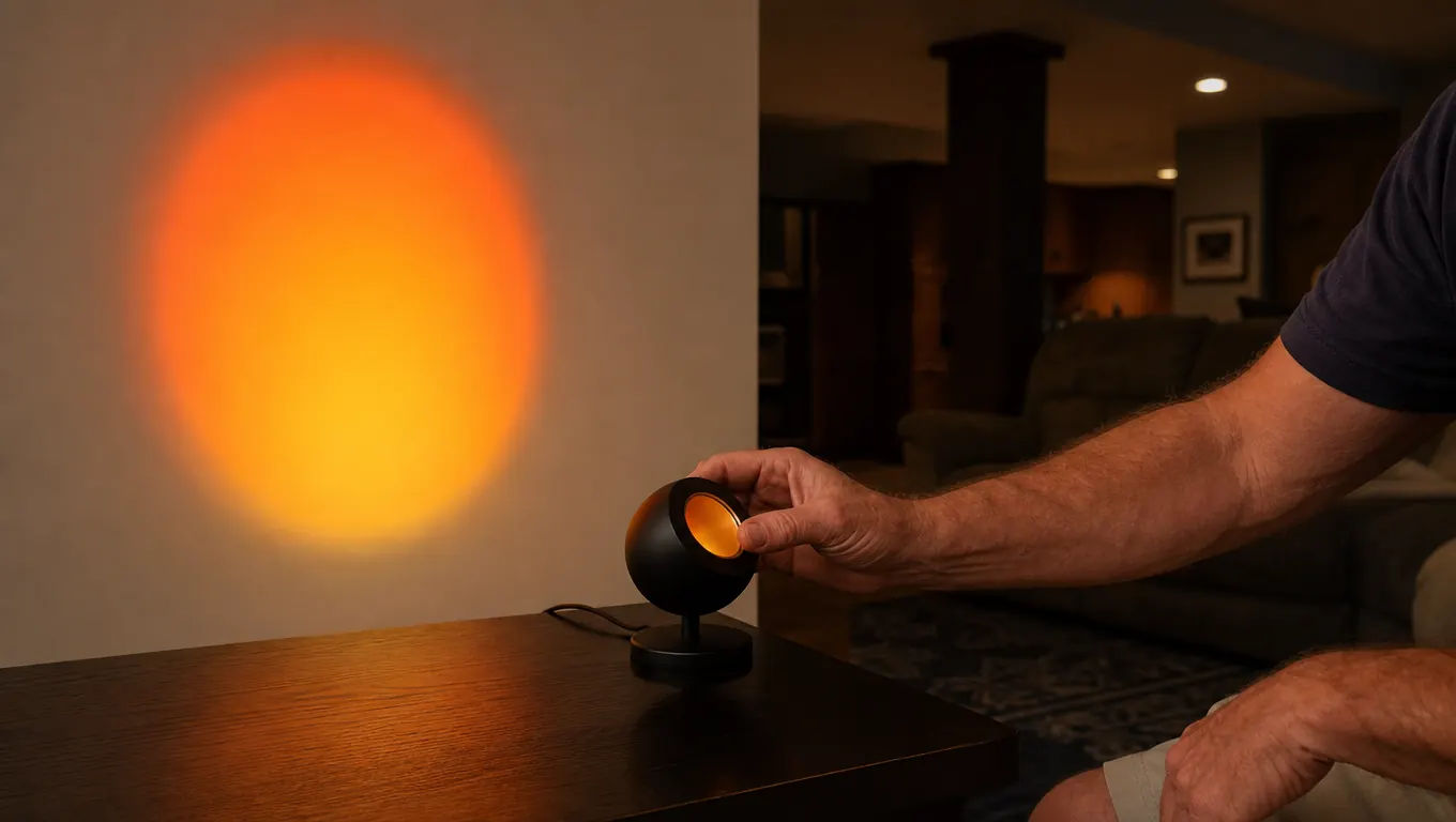 A small round sunset projection lamp on a side table projecting a warm gradient onto a pale wall