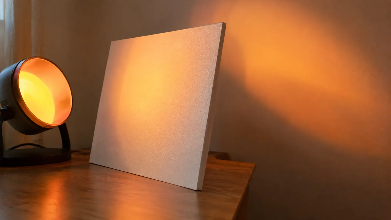 A white foam board reflector propped next to a sunset lamp, warm light bouncing off the board onto a wall