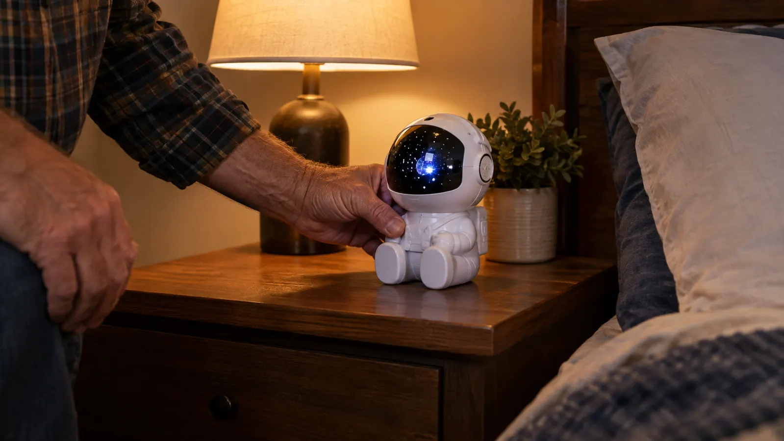 A hand placing a small astronaut-shaped star projector on a nightstand beside a bed
