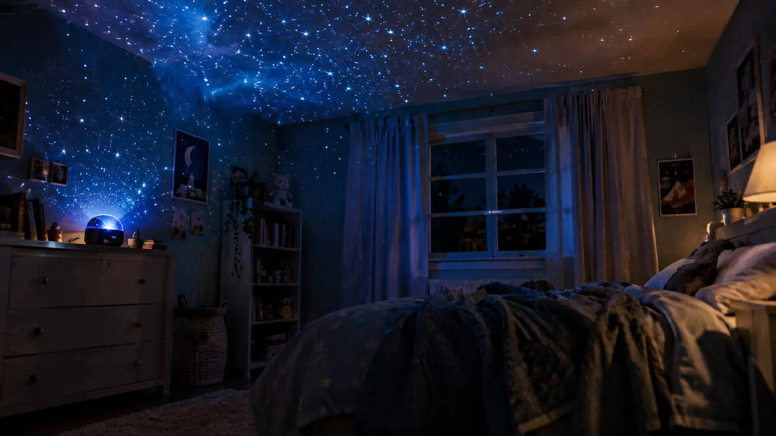 A child's bedroom at night with a starry ceiling and a small projector glowing on a dresser