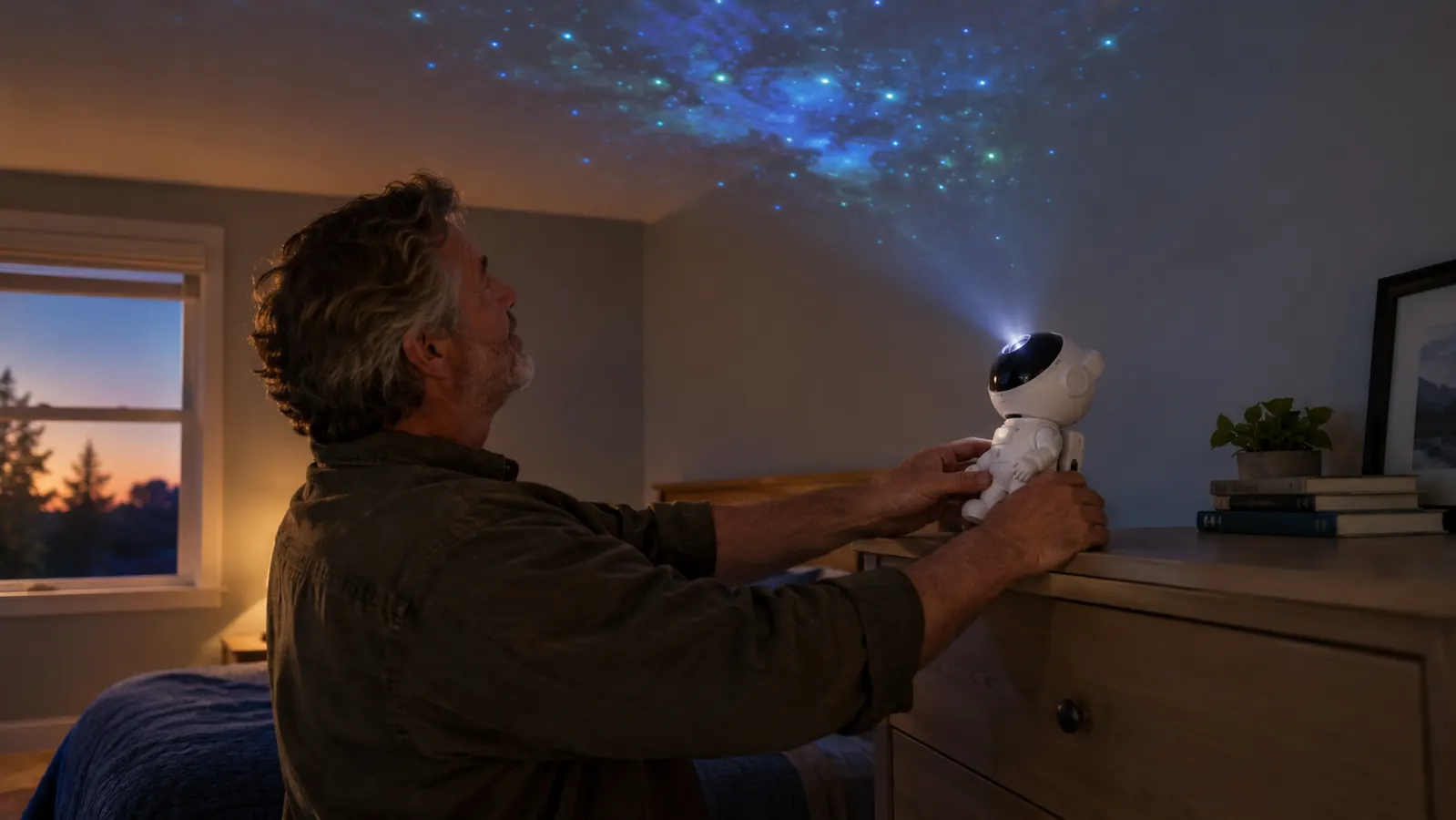 Hands setting a small astronaut-shaped projector on a dresser, aimed up at a bedroom ceiling