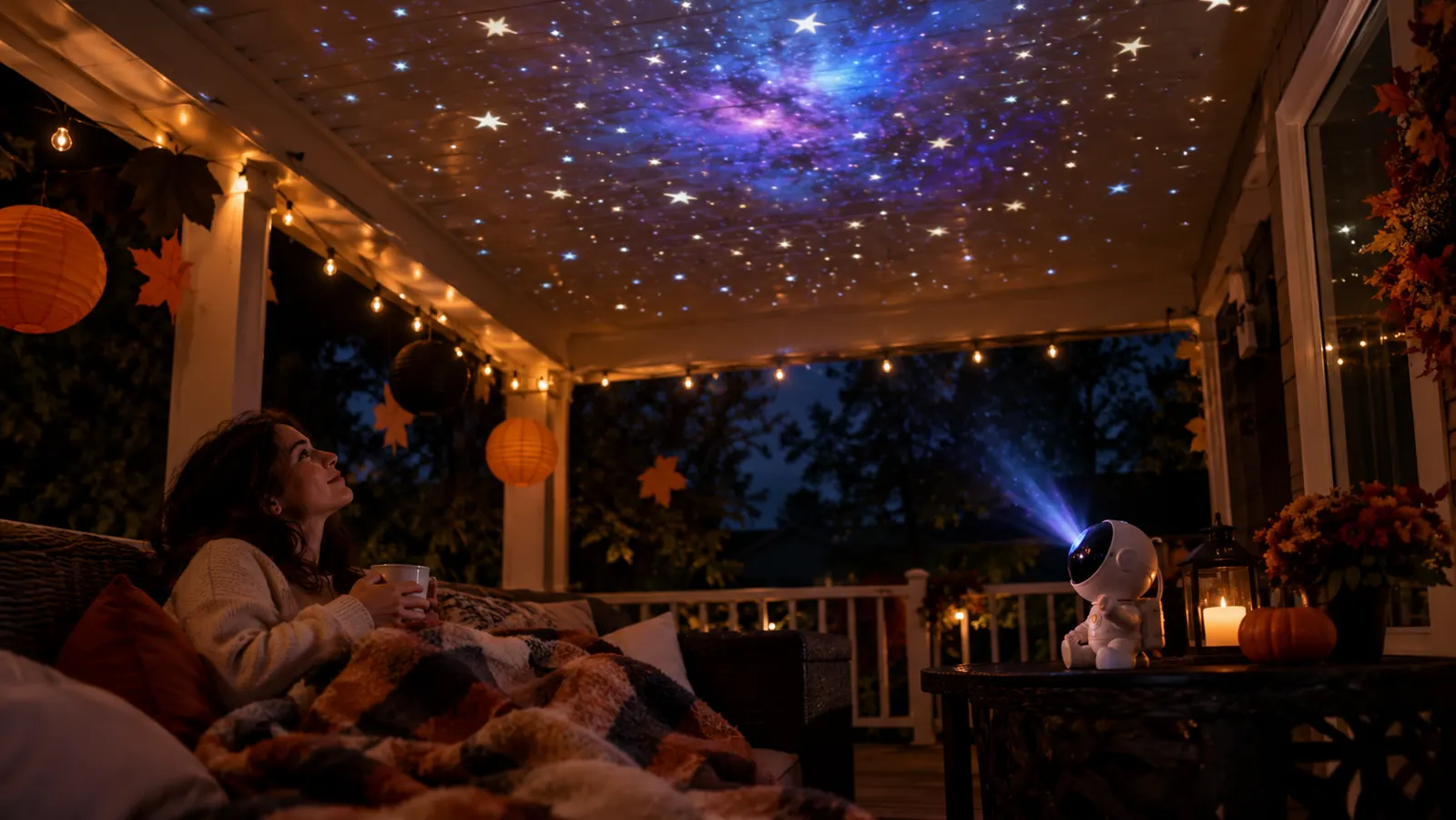 The small astronaut-shaped projector on a porch table casting stars and a nebula on the ceiling with string lights nearby