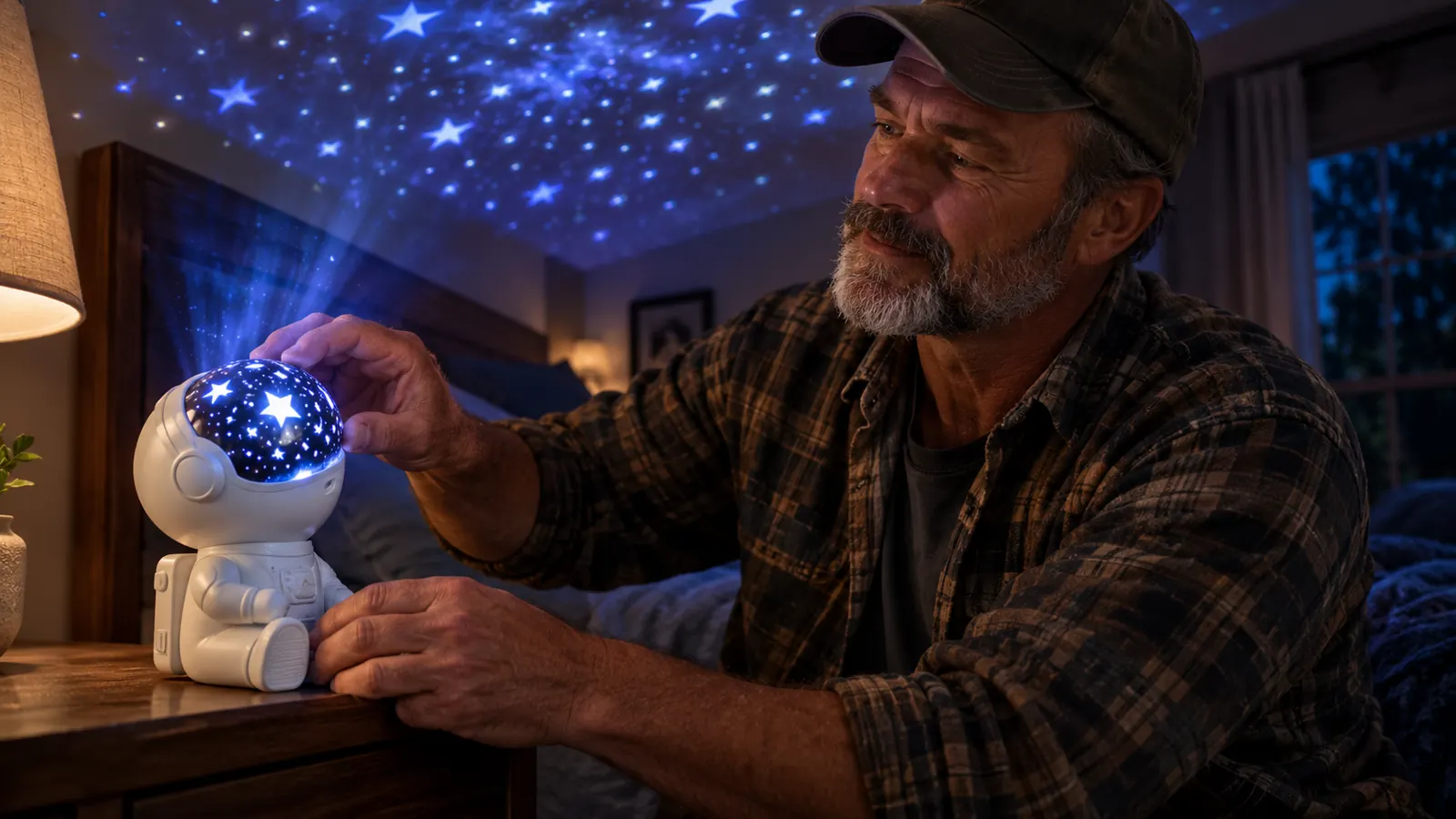 A hand adjusting a small star projector on a nightstand in a dim room