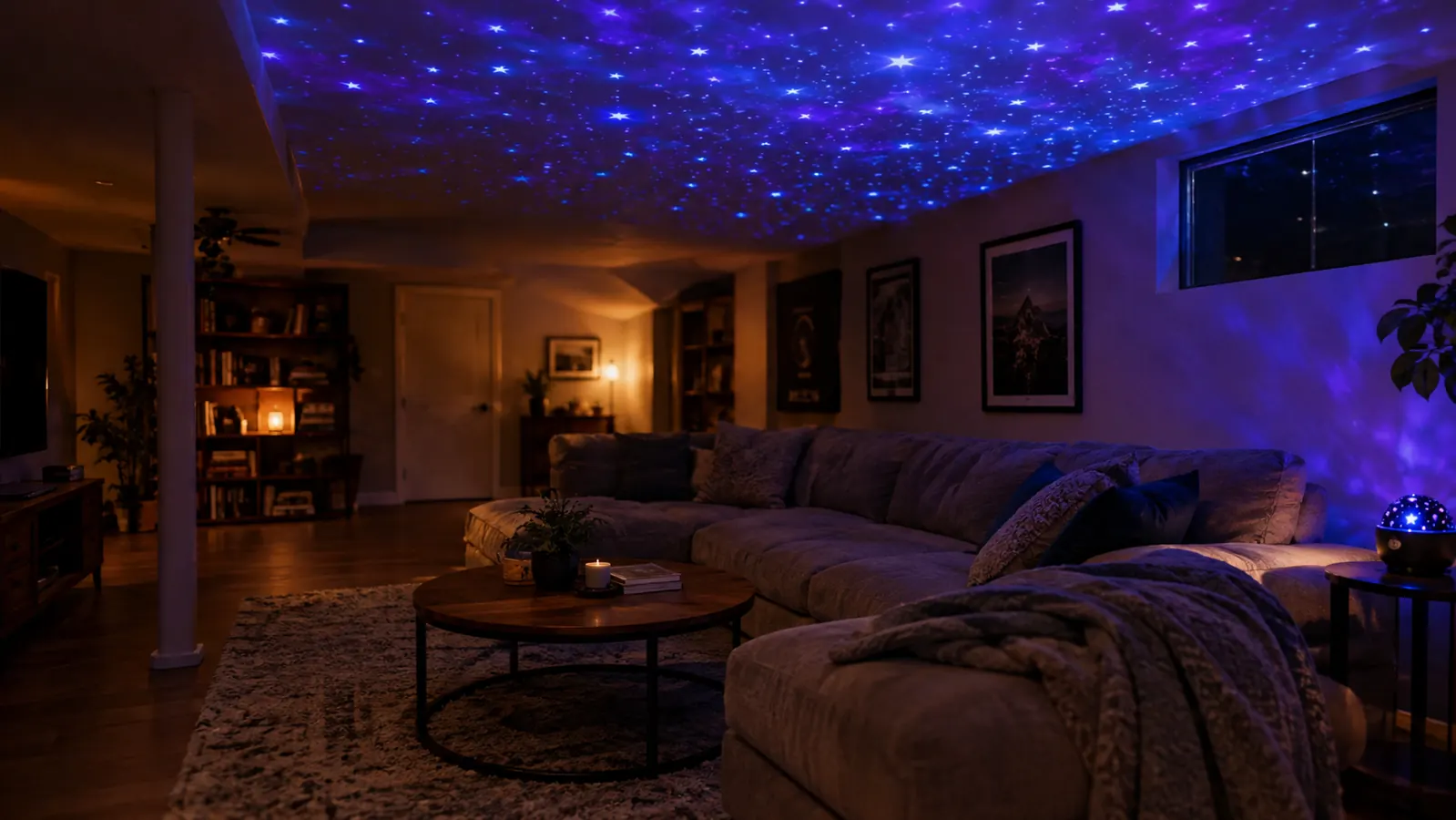 A finished basement rec room with soft colorful star projections on the ceiling above a couch