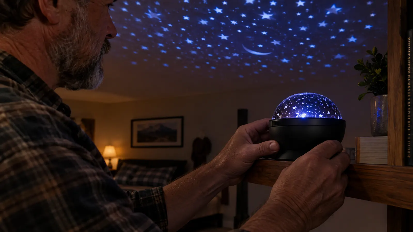 A hand placing a compact star projector on a shelf in a bedroom while a starfield glows on the ceiling