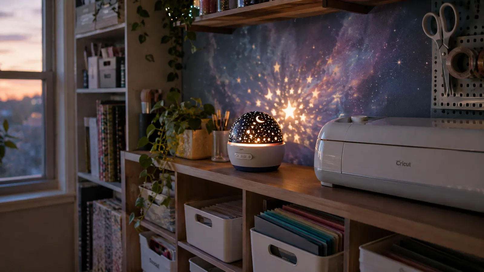 A small star projector on a craft room shelf casting a soft galaxy pattern on the wall