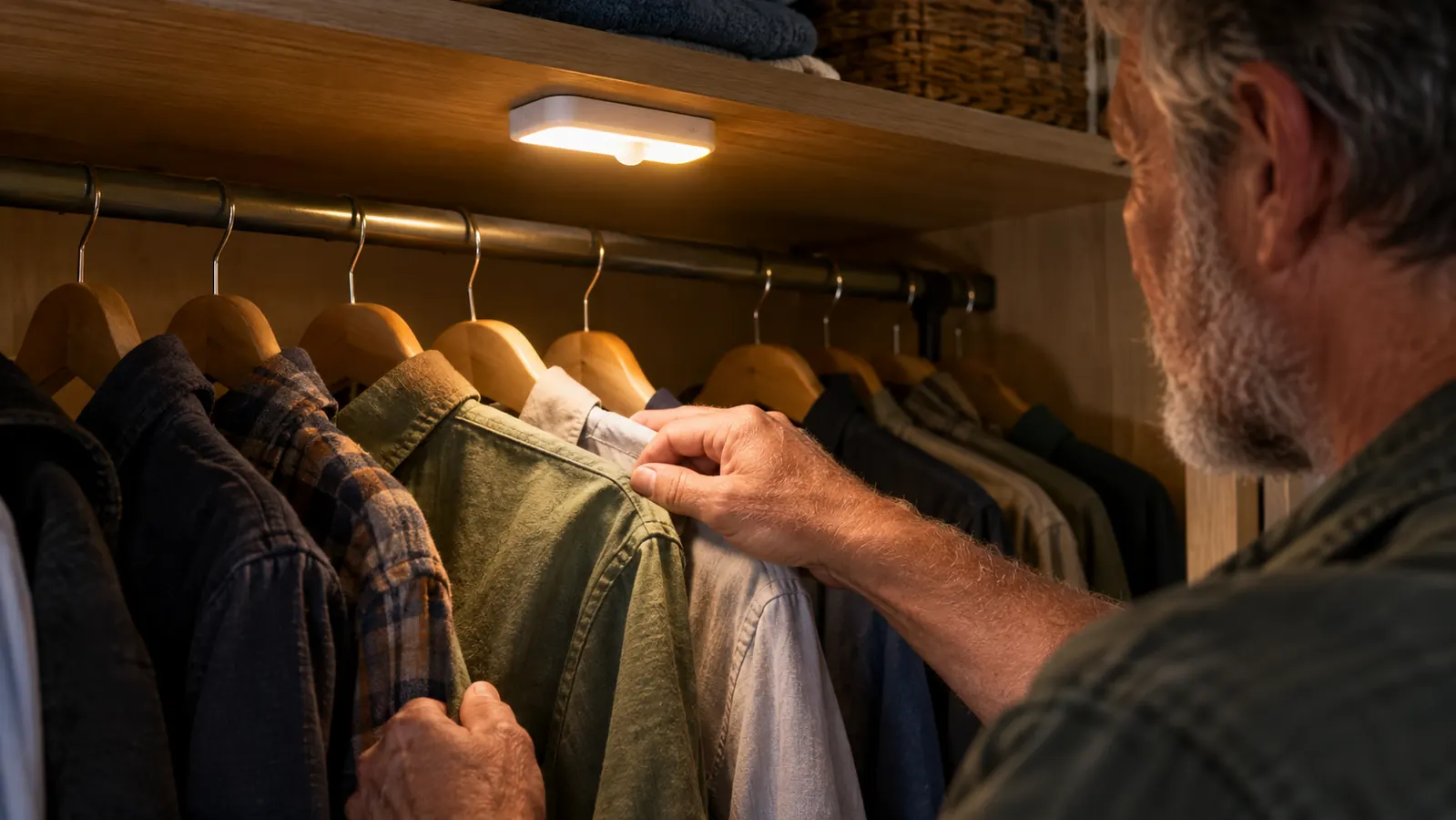 A close-up of a small stick-on light mounted under a closet shelf, with a hand reaching for a shirt on a hanger below