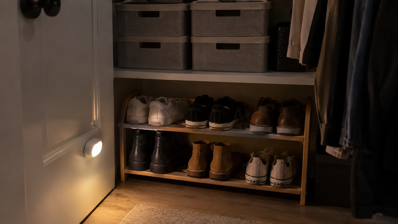 A closet interior with a shoe rack at the bottom, a small light glowing low on the inside of the door