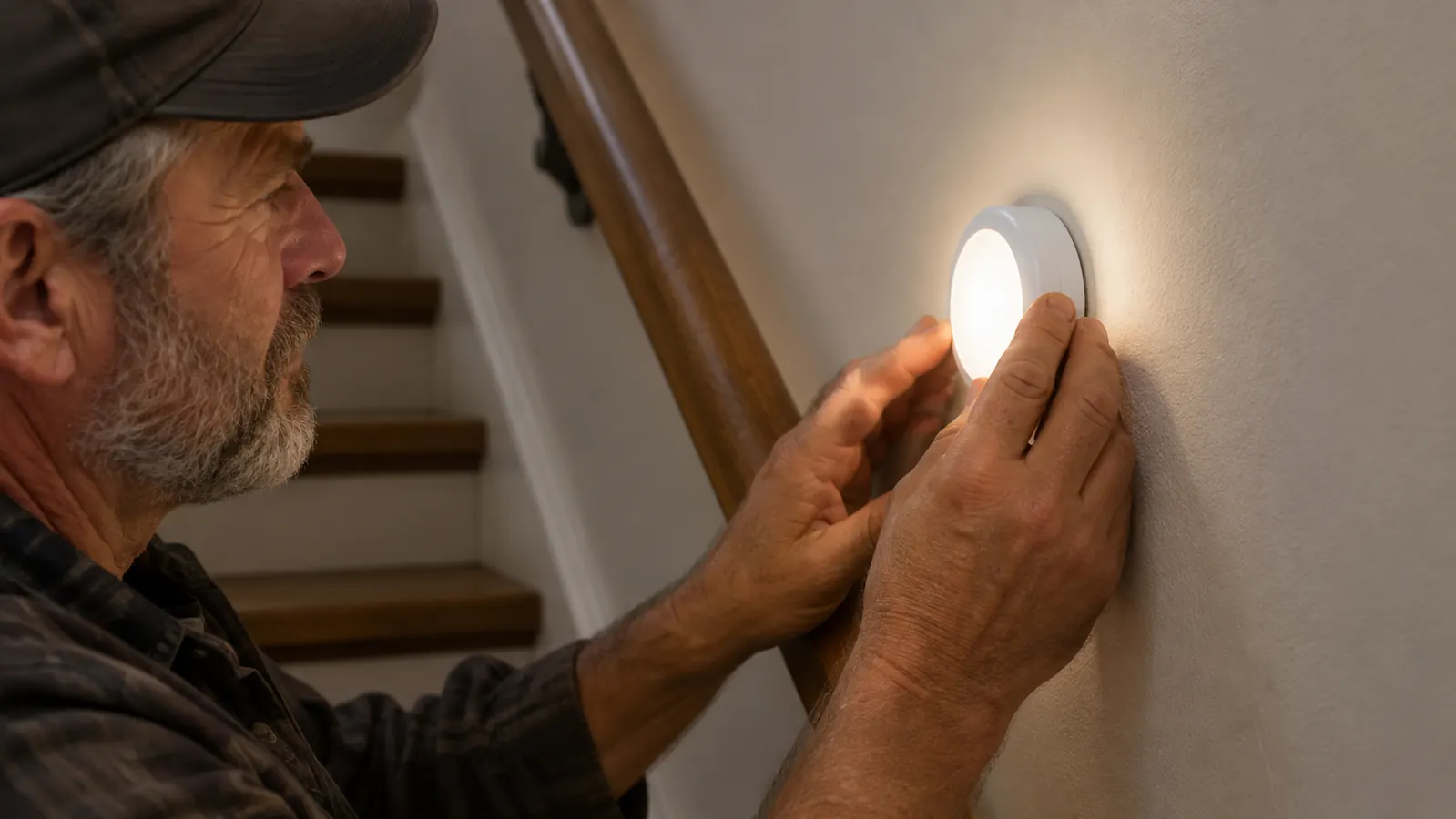 A hand mounting a small round LED puck light on a stairwell wall