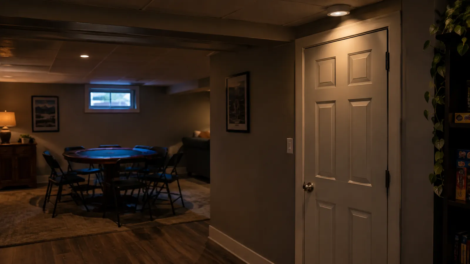 A round LED puck light glowing above a basement storage closet door in a dim rec room