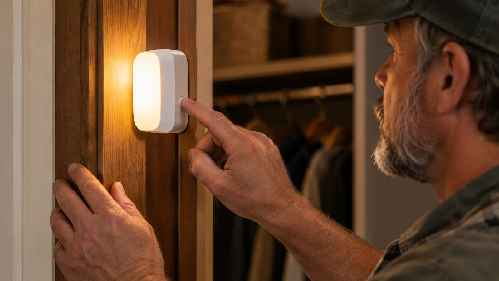 Close view of a small round puck light stuck to the inside of a closet door frame, glowing, with a hand about to press the button on the side