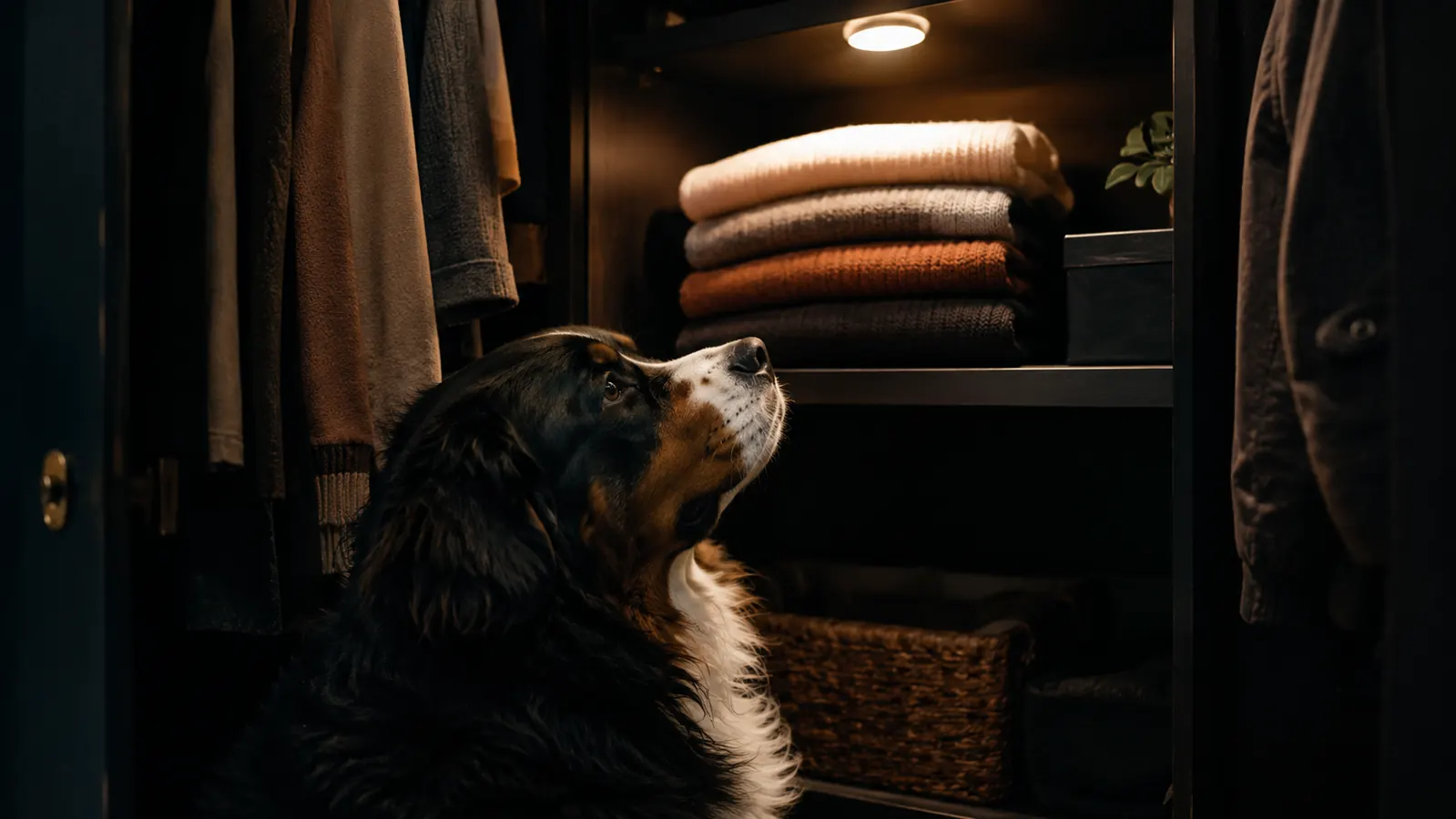 A small round light glowing on a shelf above folded sweaters in a dark closet, with a dog's head visible in the foreground looking up