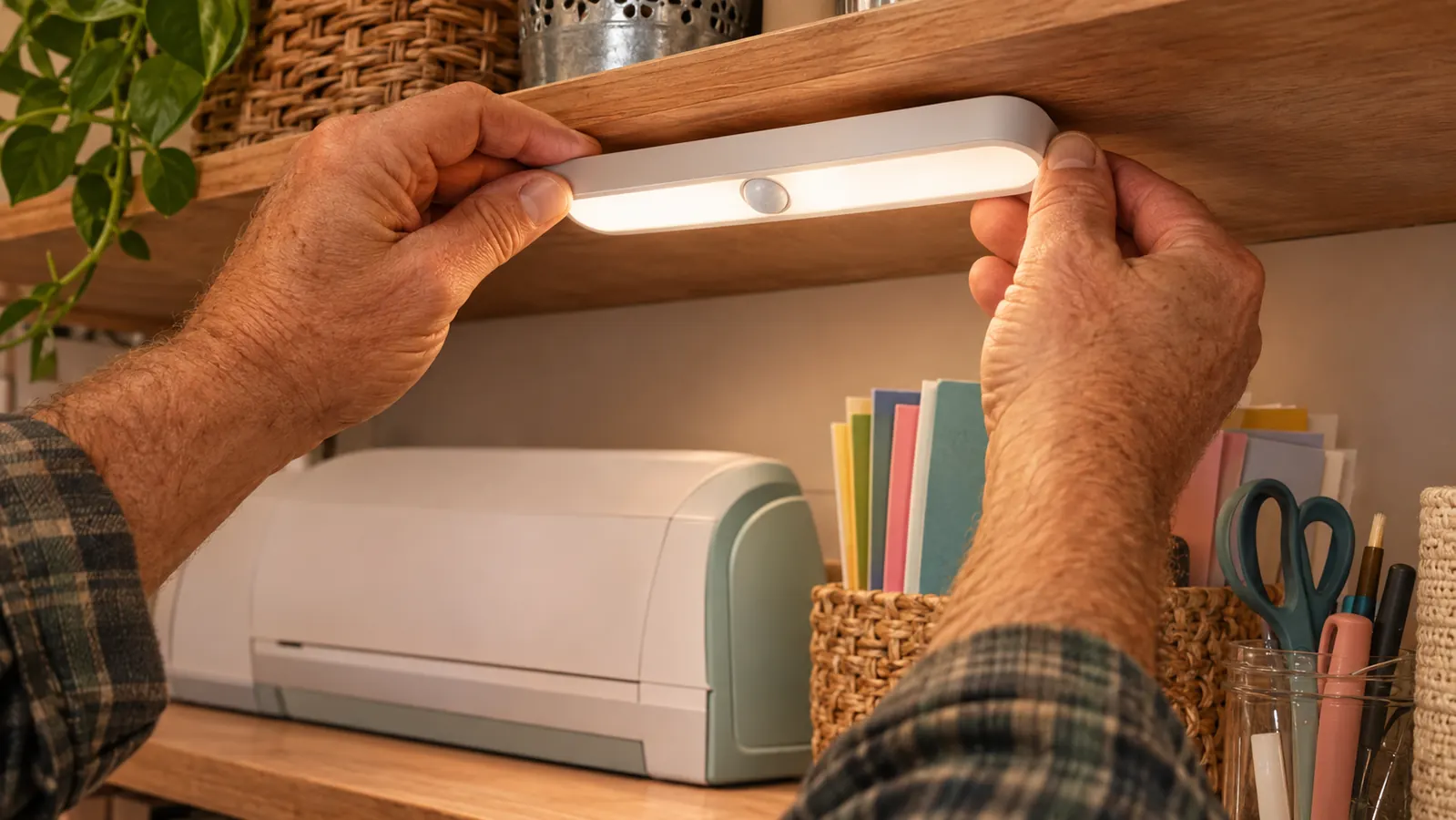 A hand pressing a small motion sensor light onto the underside of a shelf in a craft room, with paper supplies and a die-cutting machine nearby.