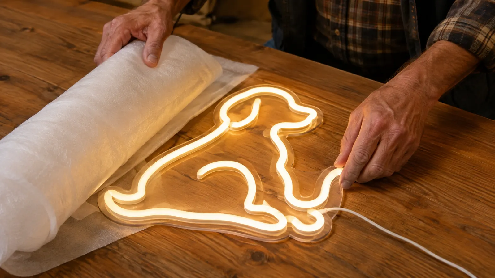 A person's hands unboxing a rolled neon sign and laying it flat on a table