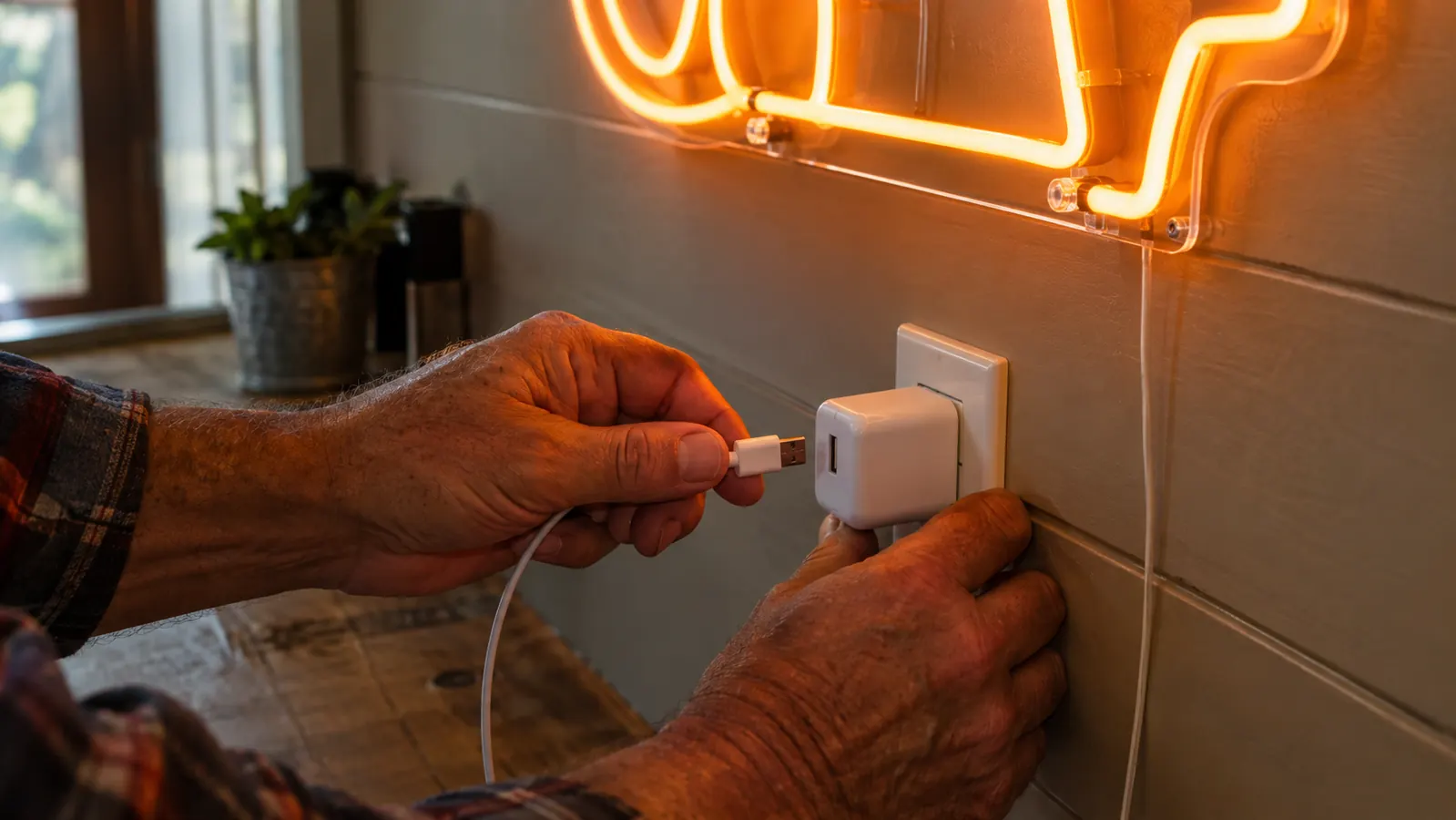 A hand plugging a small USB cable into a wall adapter below a mounted neon sign